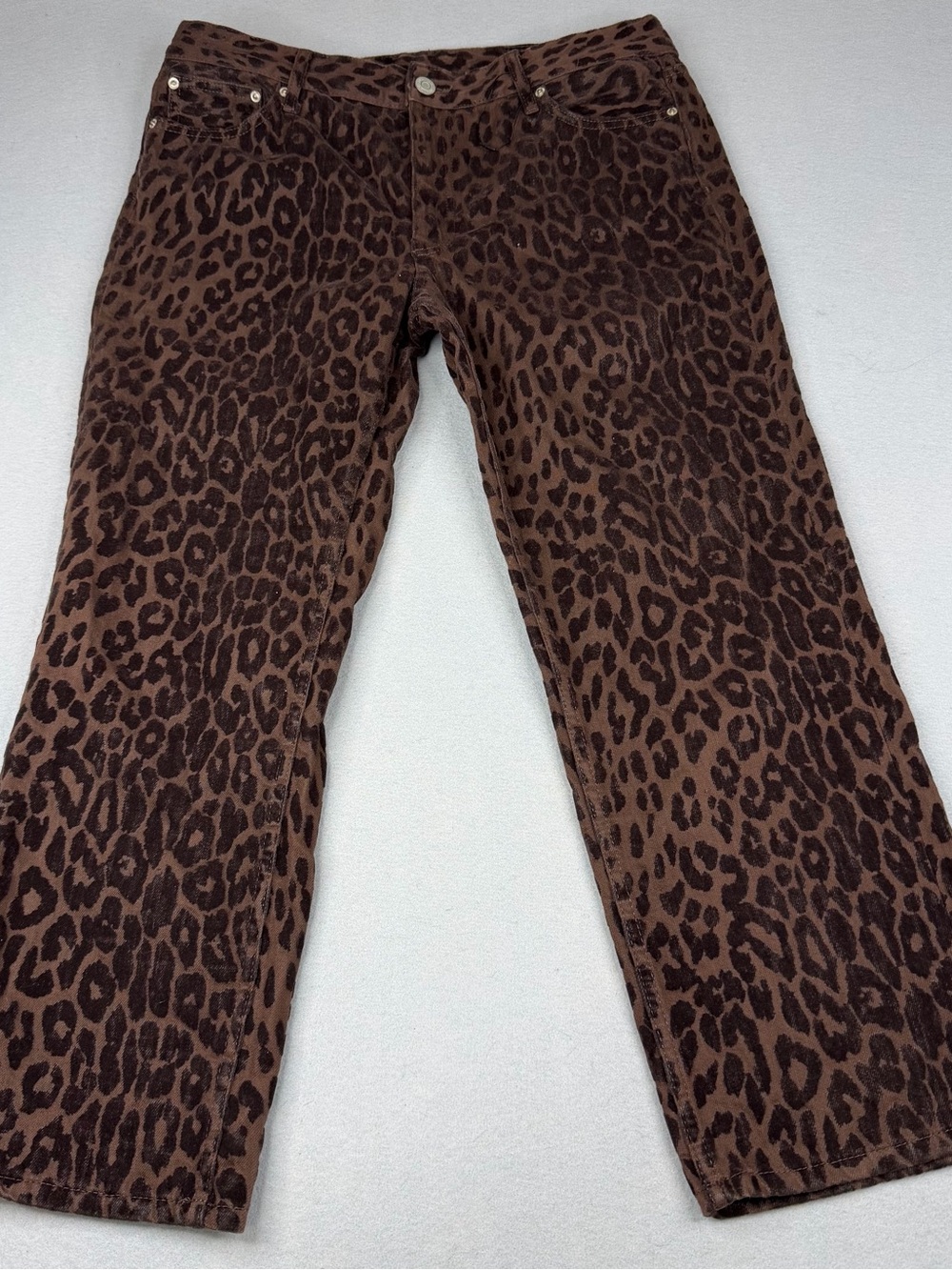 Zara Flocked Leopard Print Jeans Brown Straight Leg Animal Print Womens 8